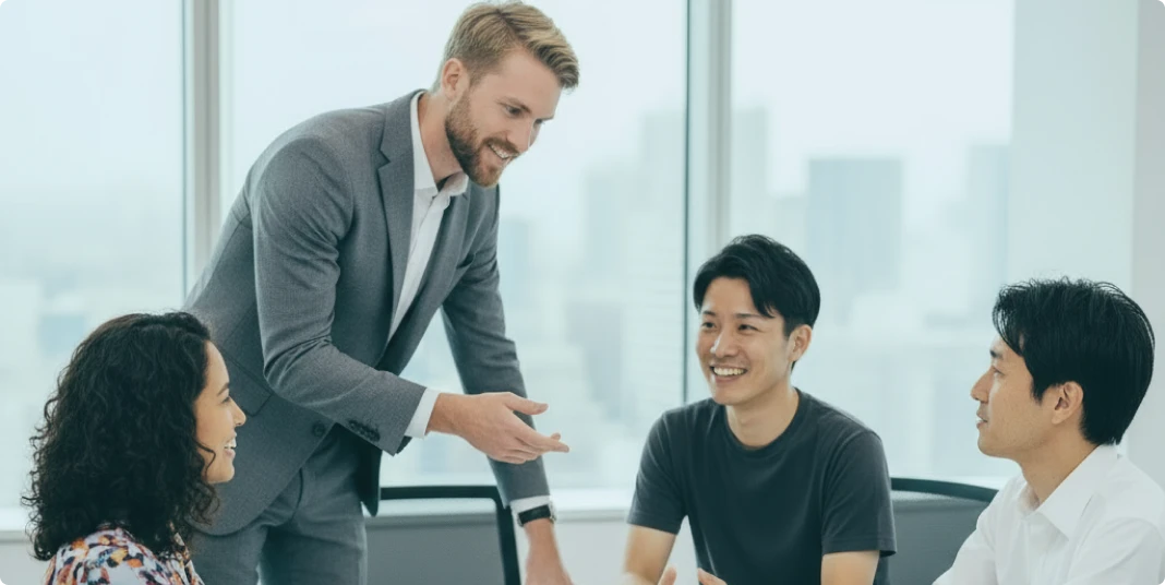 立って説明する人とそれを聞く人たち