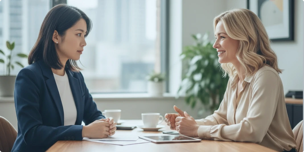 向かい合って打ち合わせをする女性